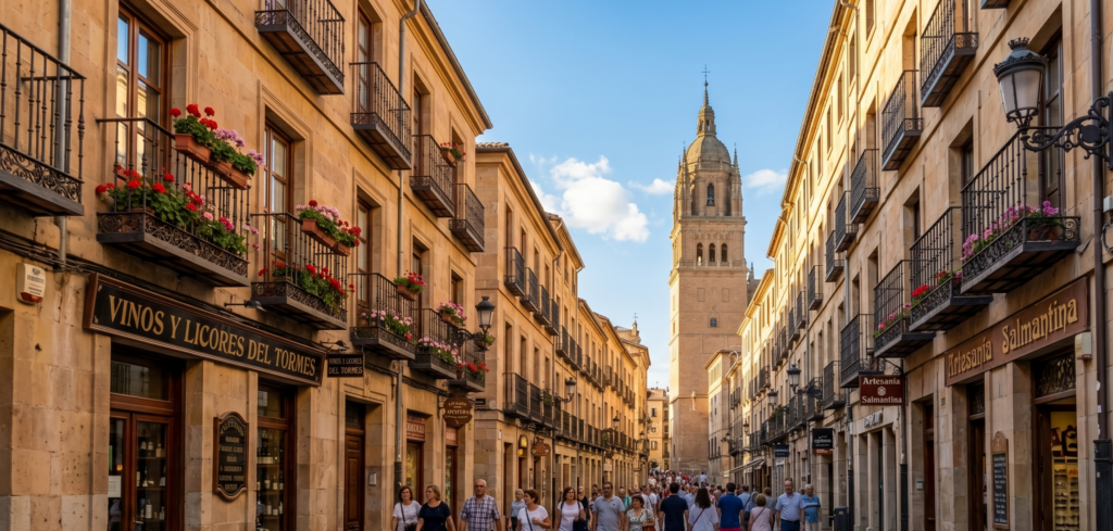 Calle del centro histórico de Salamanca con la Catedral al fondo